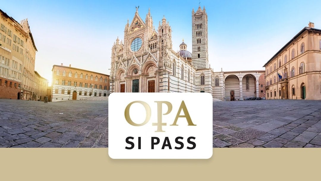 Siena Cathedral facade with OPA SI Pass logo in foreground.