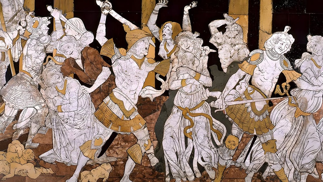 Marble mosaic depicting historical scene in Siena Duomo, Italy.