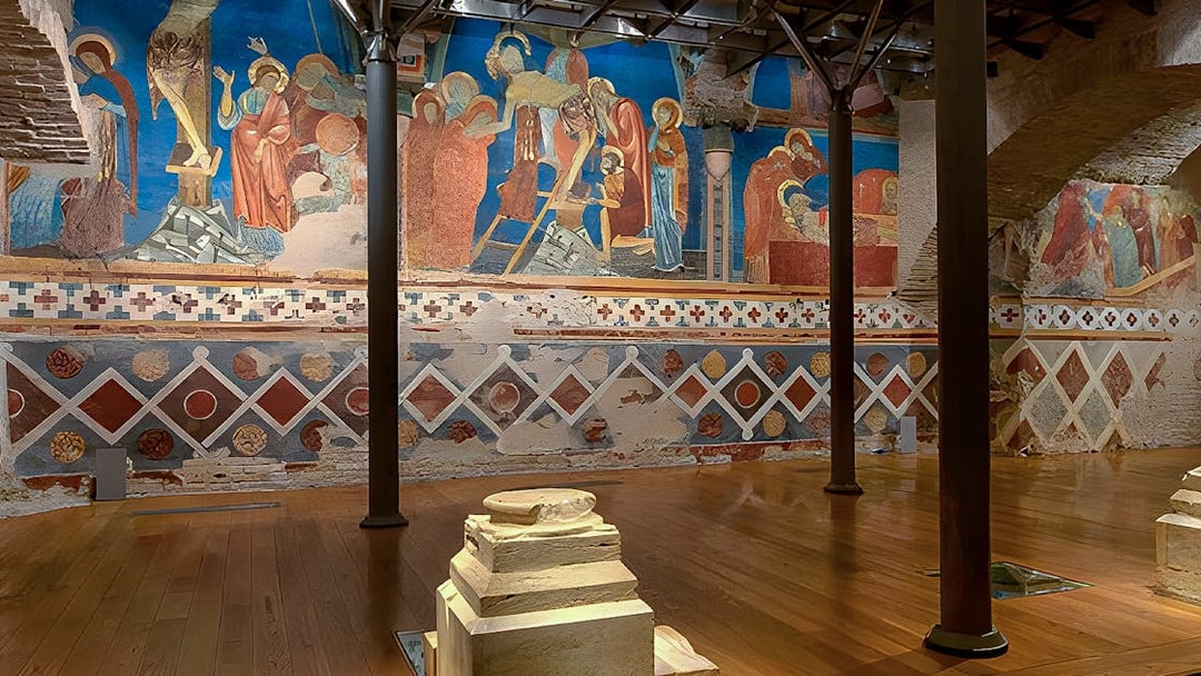 Frescoes inside Siena Cathedral depicting religious scenes, Italy.