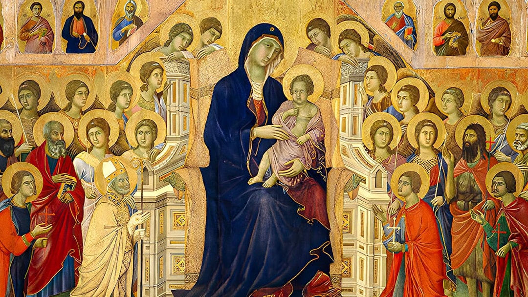 Siena Cathedral artwork depicting religious figures and Madonna with Child.