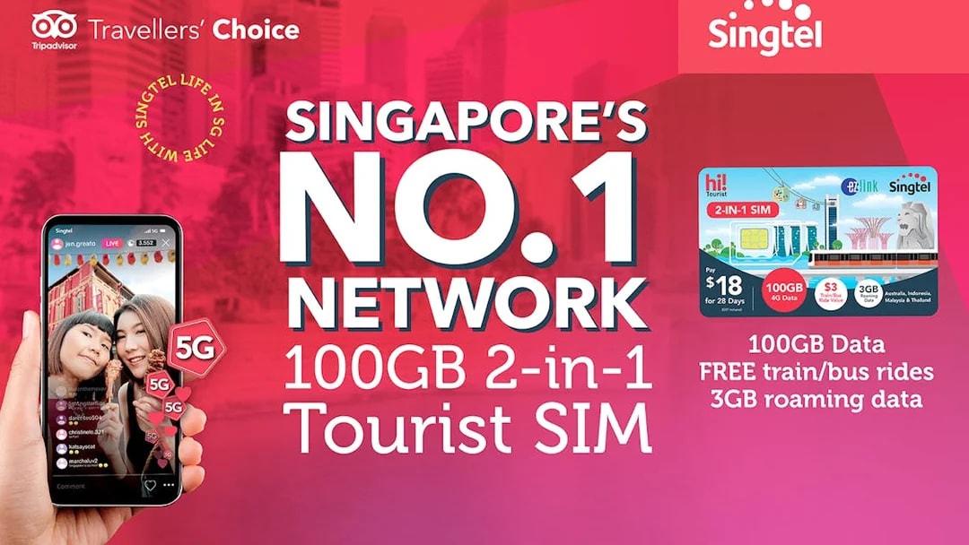 Singtel 2-in-1 Tourist SIM card with 100GB data and free transport in Singapore.