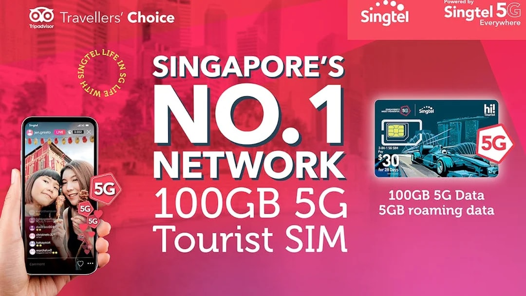 Singtel 5G Tourist SIM card with 100GB data offer in Singapore.