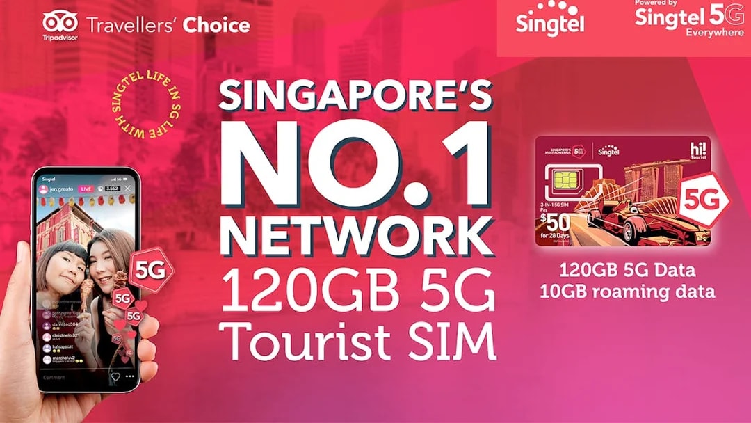 Singtel 5G Tourist SIM card with 120GB data offer in Singapore.