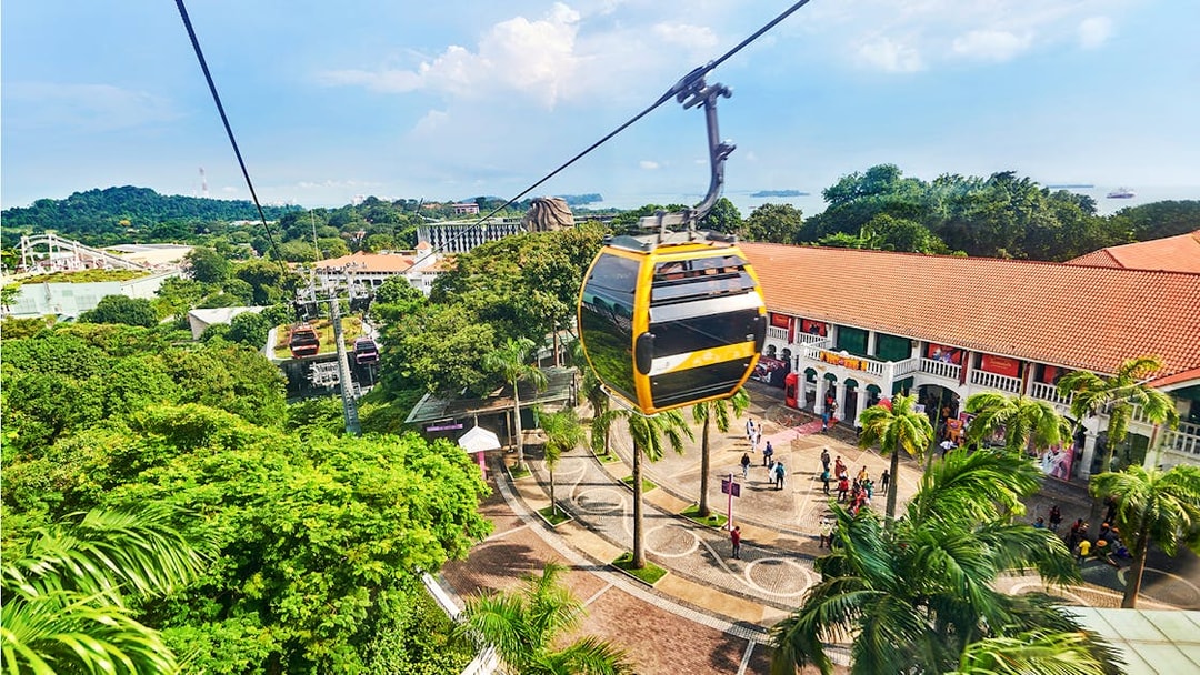 Aerial view of Singapore cityscape from a cable car, highlighting lush greenery and urban architecture.