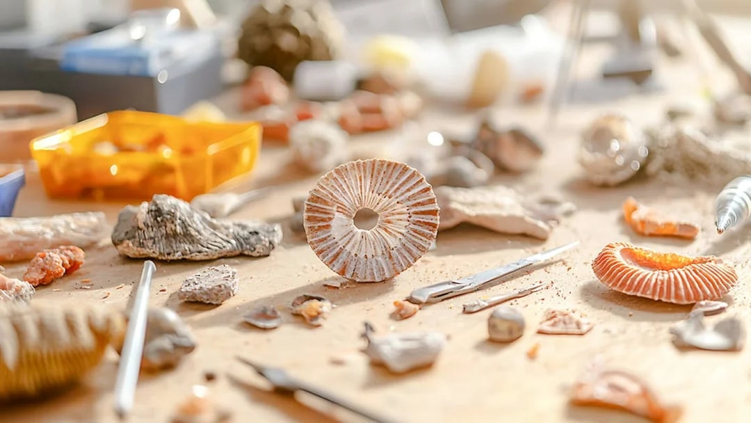 Fossils and tools on a workshop table for a fossilist tour.