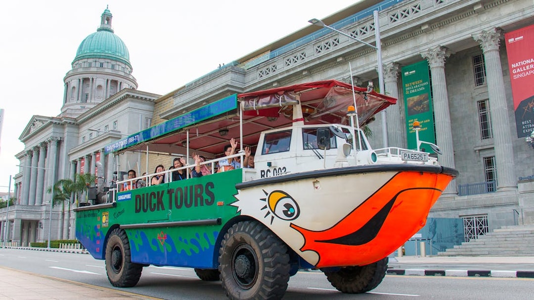 DUCKtours vehicle in front of National Gallery Singapore.