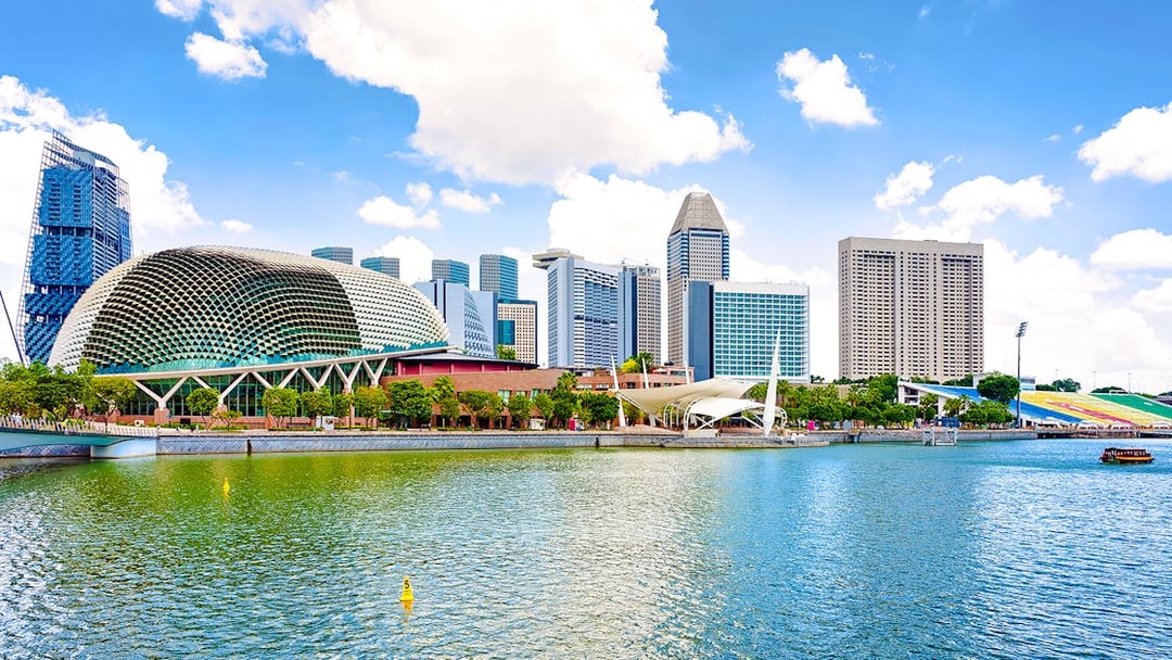 Esplanade Theatres by the Bay with Singapore skyline in the background.