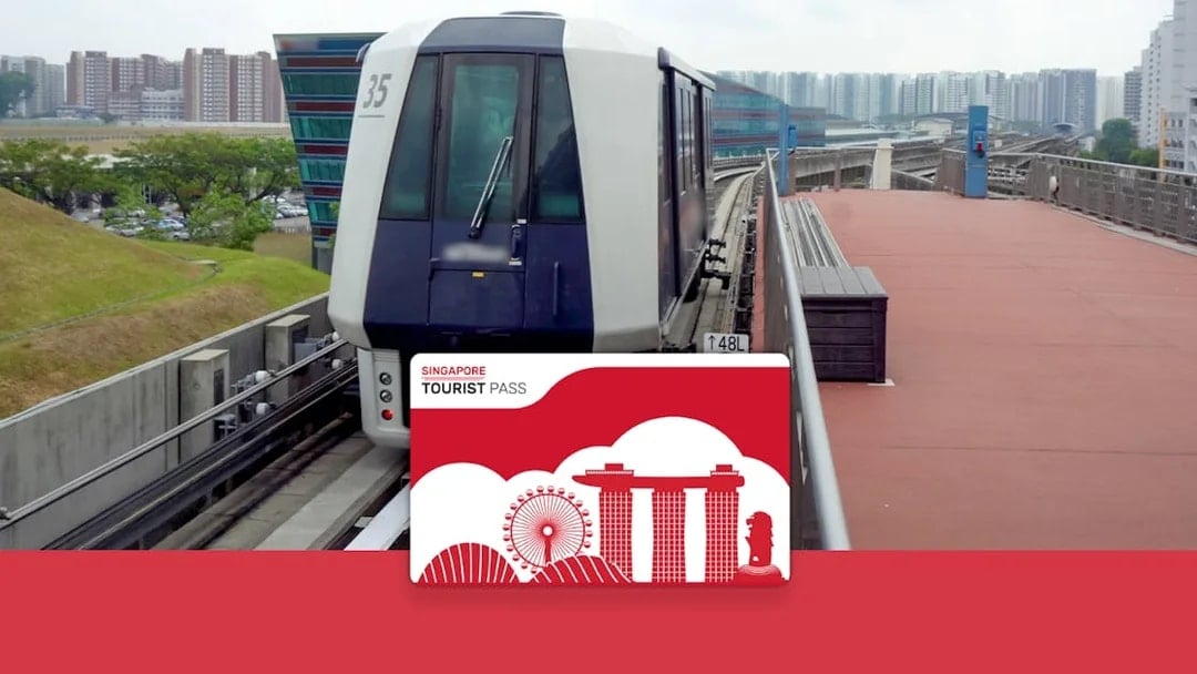 Singapore Tourist Pass with train on elevated track, offering unlimited public transport and discounts.