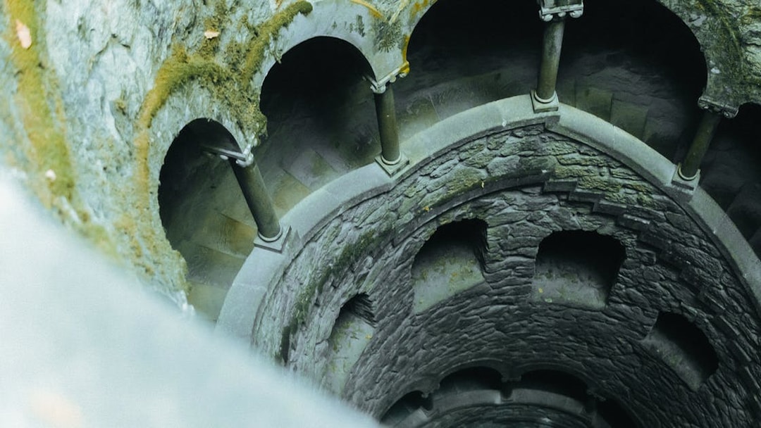 Quinta da Regaleira Initiation Well in Sintra, Portugal, viewed from above.