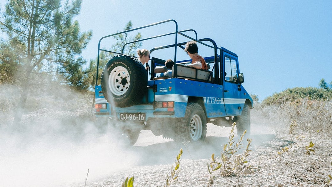 Jeep driving through Sintra countryside on guided safari tour from Lisbon.