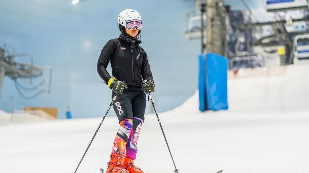 Skier on indoor slope at Ski Dubai during full day session.