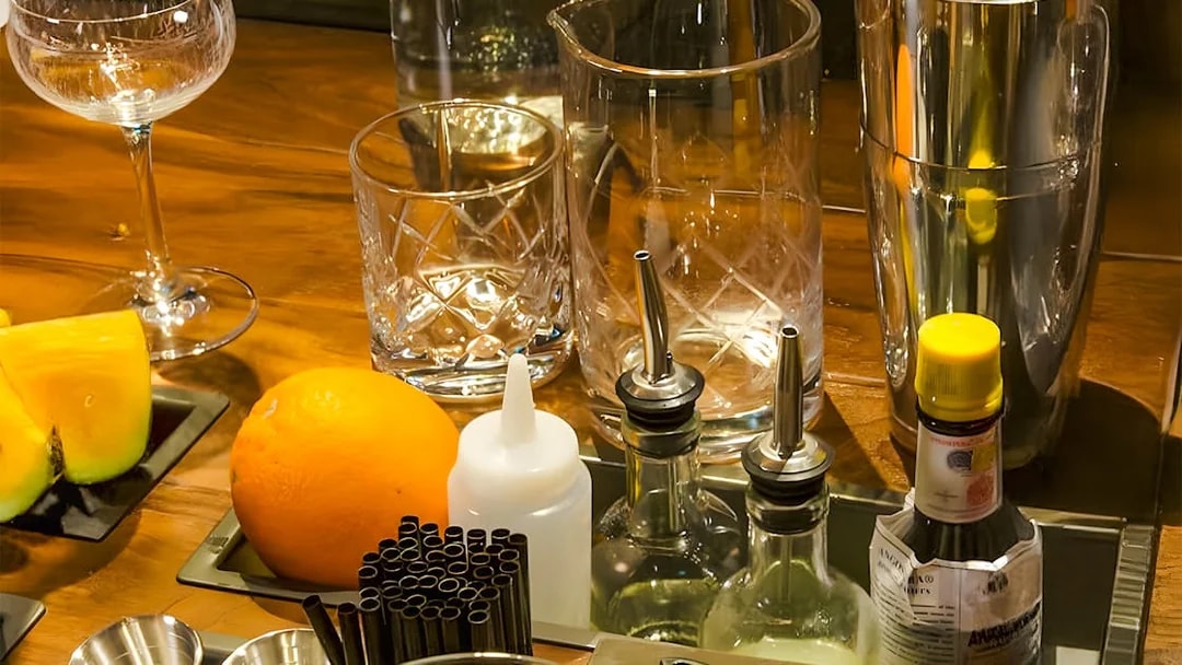 Bar tools and ingredients for cocktail making at Jameson Distillery.