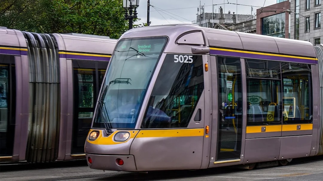 Luas tram traveling through Dublin city center.