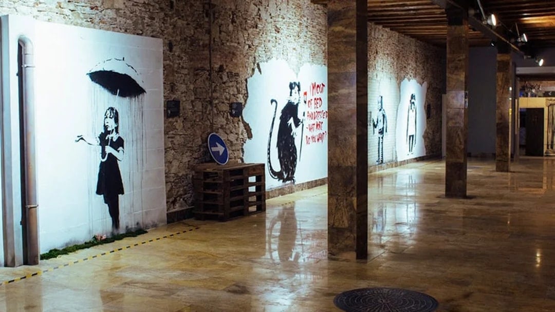 Street art exhibits at Banksy Museum Barcelona.