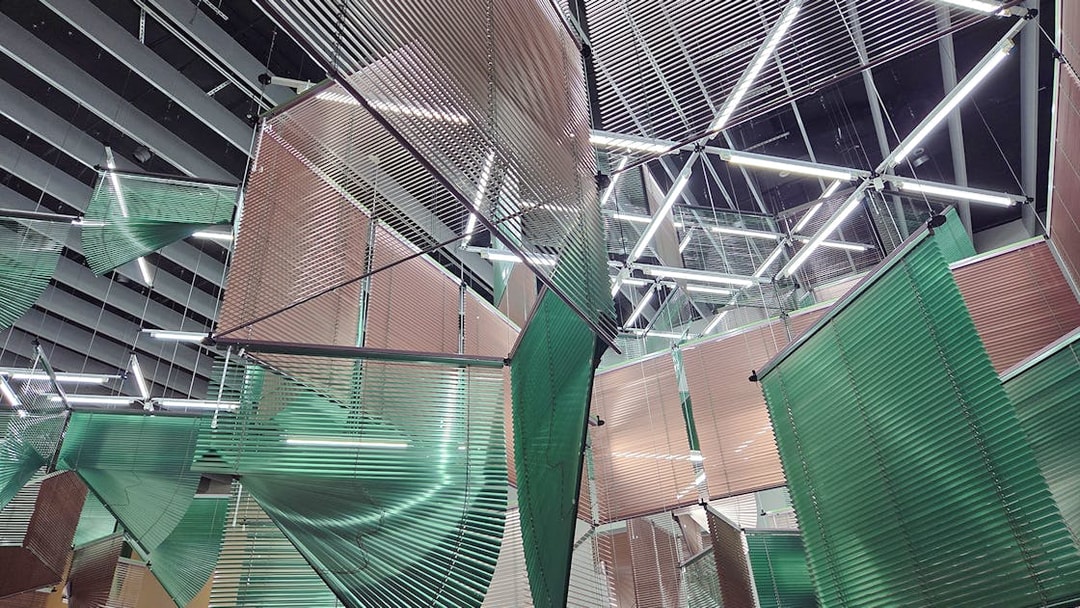 Hanging geometric installation at Centre Pompidou Malaga exhibition.