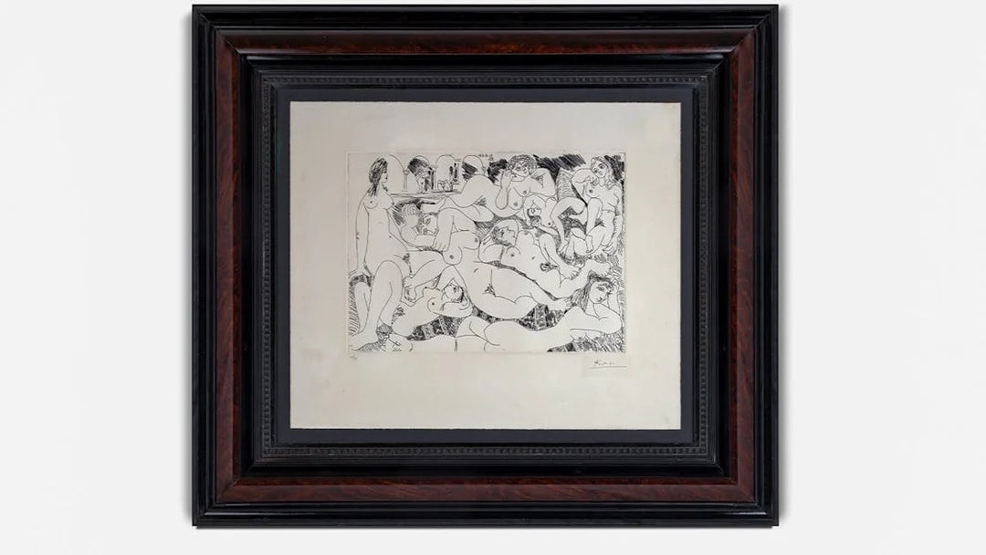 Framed artwork of nude figures at Erotic Museum Barcelona.