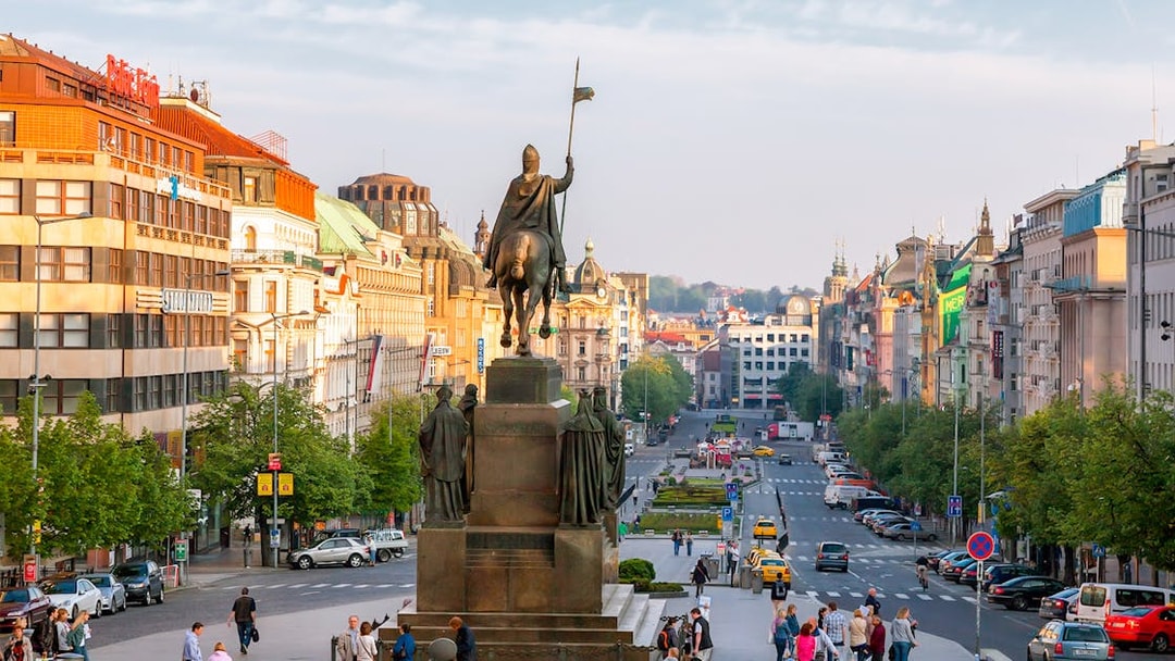Wenceslas Square view with statue near Prague National Museum.