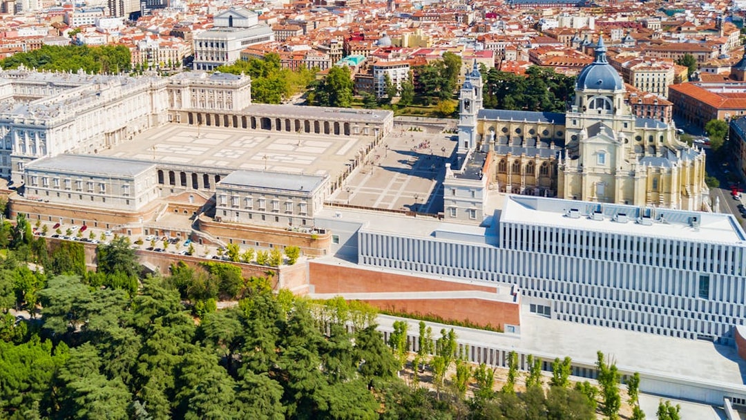 Aerial view of Royal Collections Gallery and Royal Palace in Madrid.