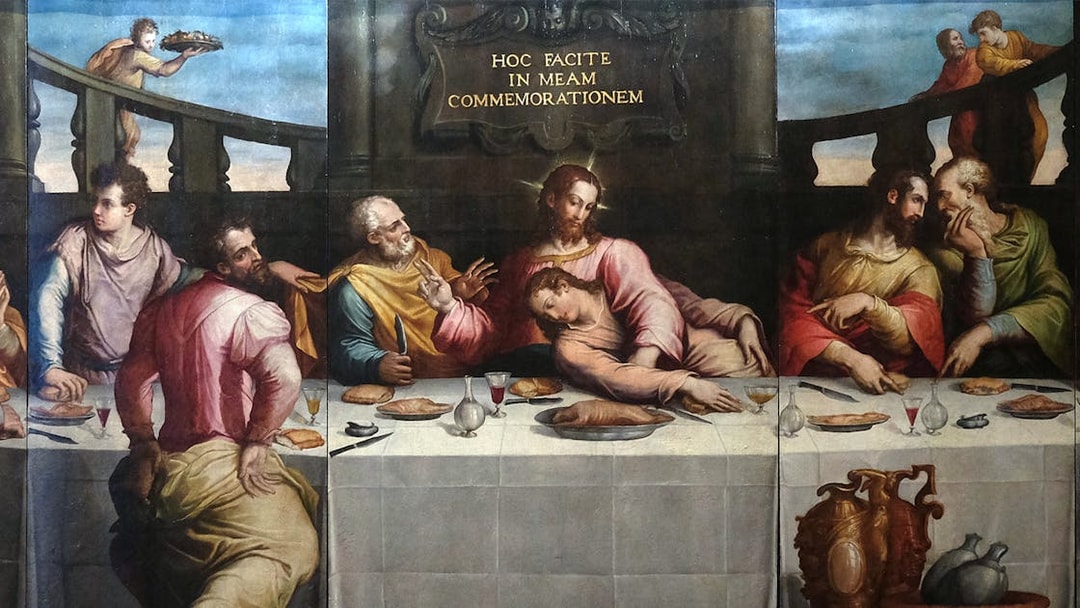 Painting of The Last Supper at Santa Croce Basilica, Florence, depicting Jesus and disciples.