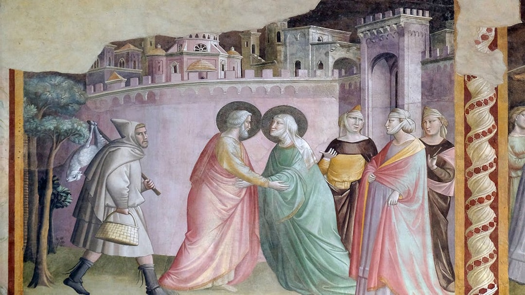 Fresco inside Santa Croce Basilica depicting a biblical scene with historical architecture.