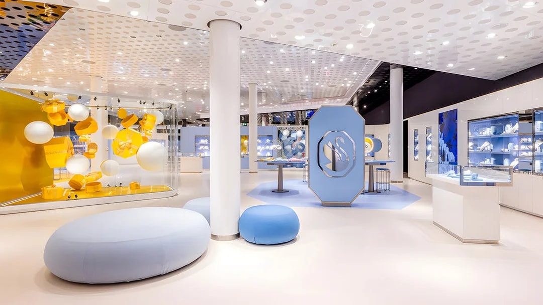 Swarovski Crystal Worlds interior with modern displays and crystal exhibits.