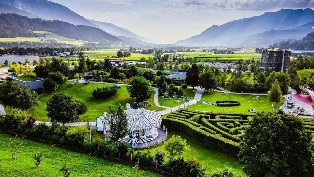 Swarovski Crystal Worlds entrance with gardens and maze in Innsbruck, Austria.