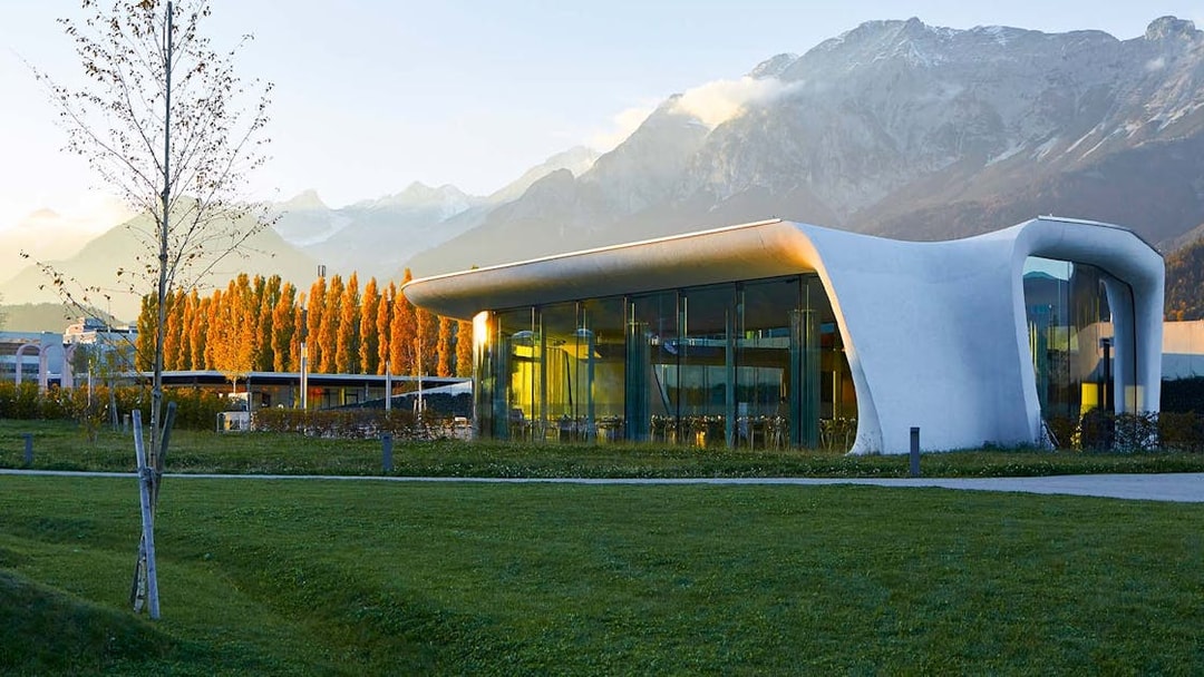 Swarovski Crystal Worlds entrance with mountain backdrop in Innsbruck, Austria.