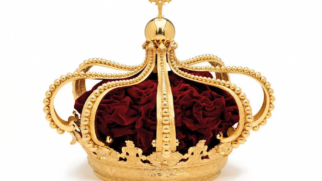 Golden crown with red velvet interior at Royal Treasure Museum.