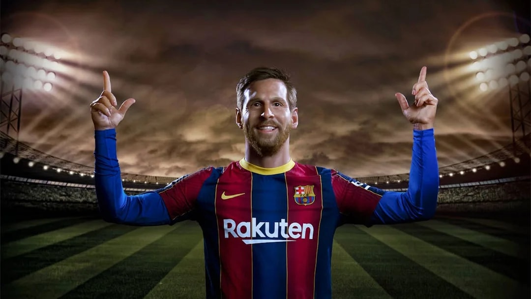Wax figure of a soccer player in Barcelona jersey at Wax Museum Barcelona.