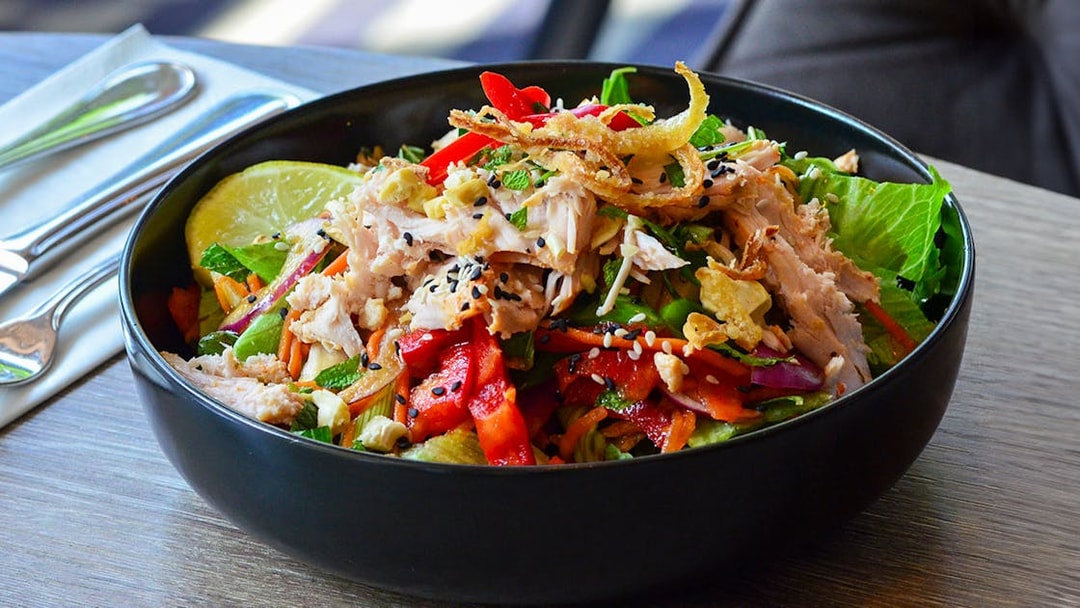 Salad with chicken and vegetables at SkyFeast Sydney Tower.