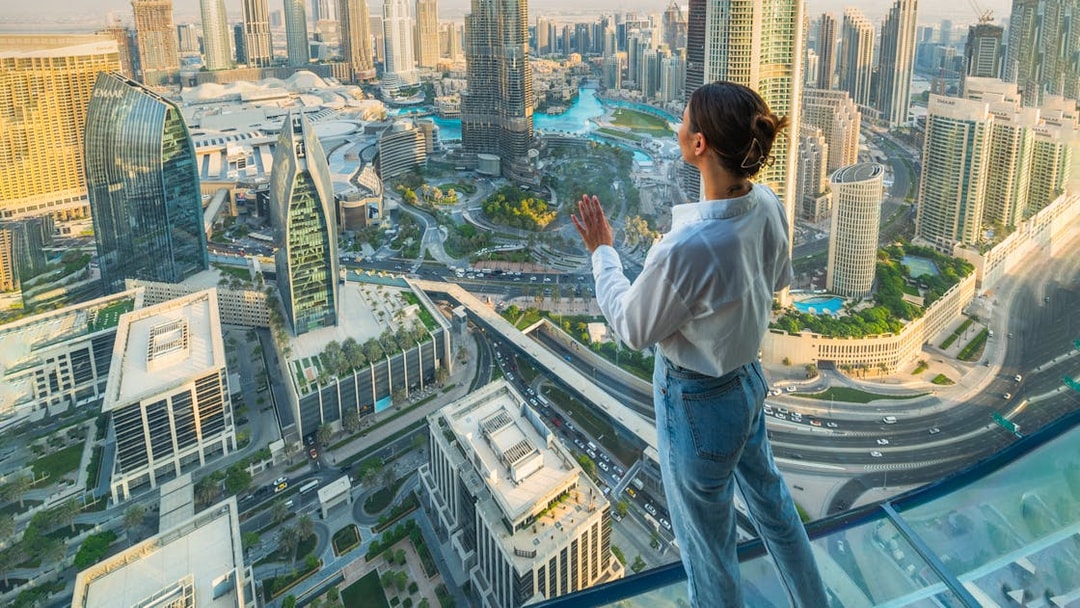 Viewing Dubai skyline from Sky Views Observatory.