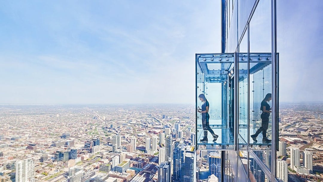 View from the Skydeck at Willis Tower, Chicago, overlooking the cityscape.