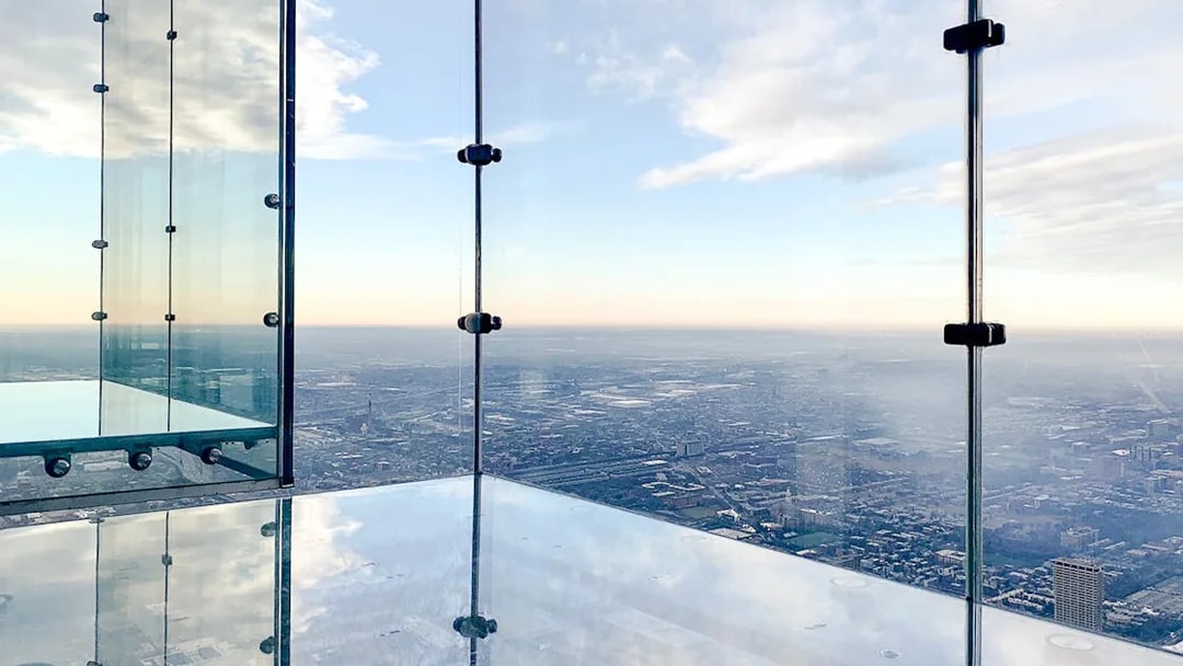 View from the Skydeck at Willis Tower, Chicago, overlooking the cityscape.