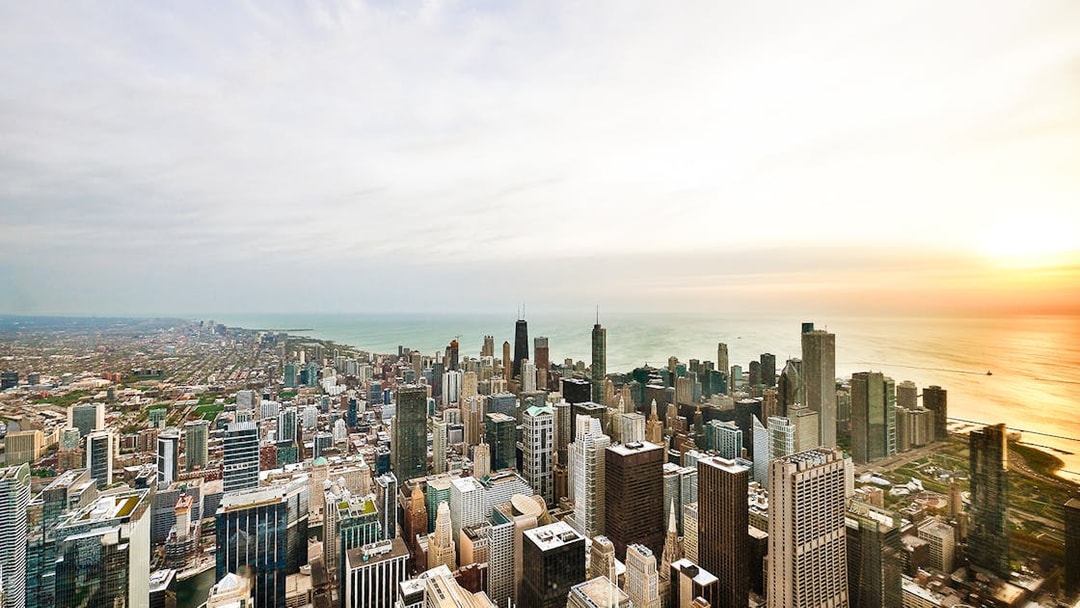 Skyline view from Skydeck at Willis Tower, Chicago, overlooking Lake Michigan.