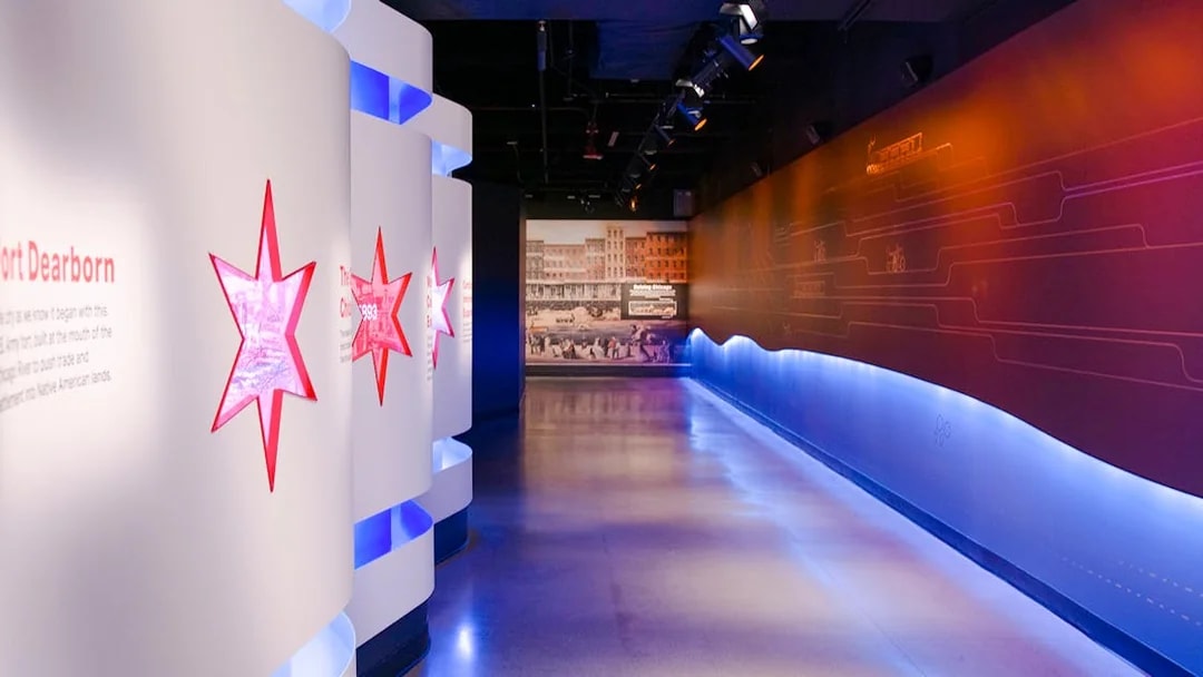 Interactive exhibit at Skydeck Chicago in Willis Tower hallway.