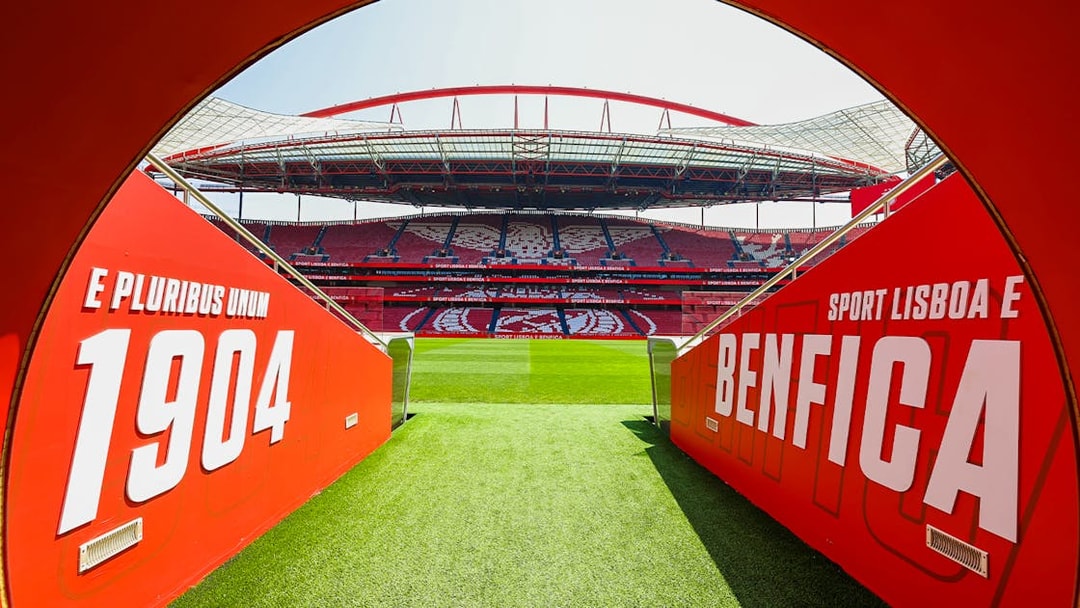 Benfica Stadium player entrance with view of the field and stands in Lisbon, Portugal.