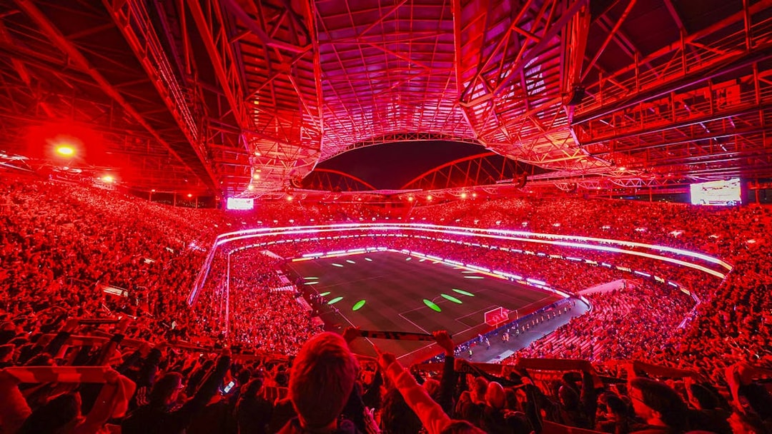 Benfica Stadium illuminated in red during a match light show, Lisbon, Portugal.