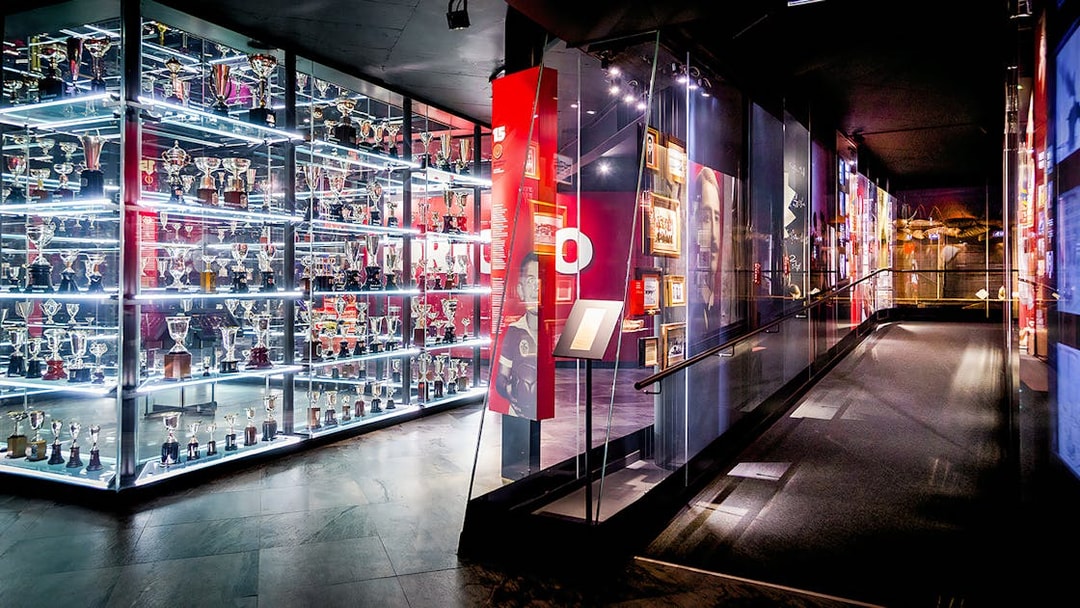 Trophy collection display at Benfica Stadium museum, Lisbon.
