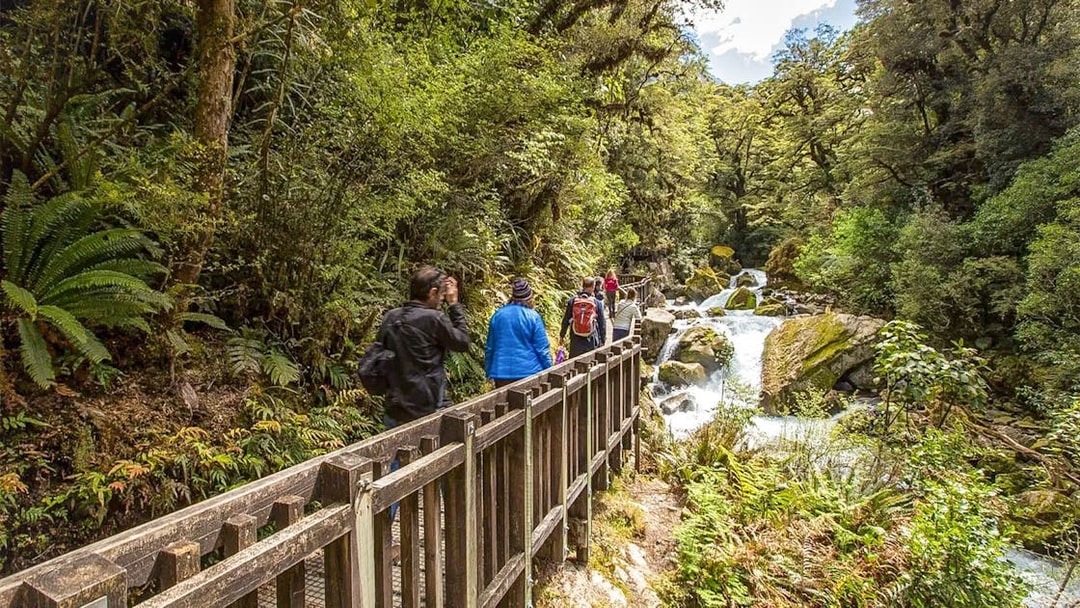 Hikers on Milford Track bridge near waterfall, Te Anau, New Zealand.