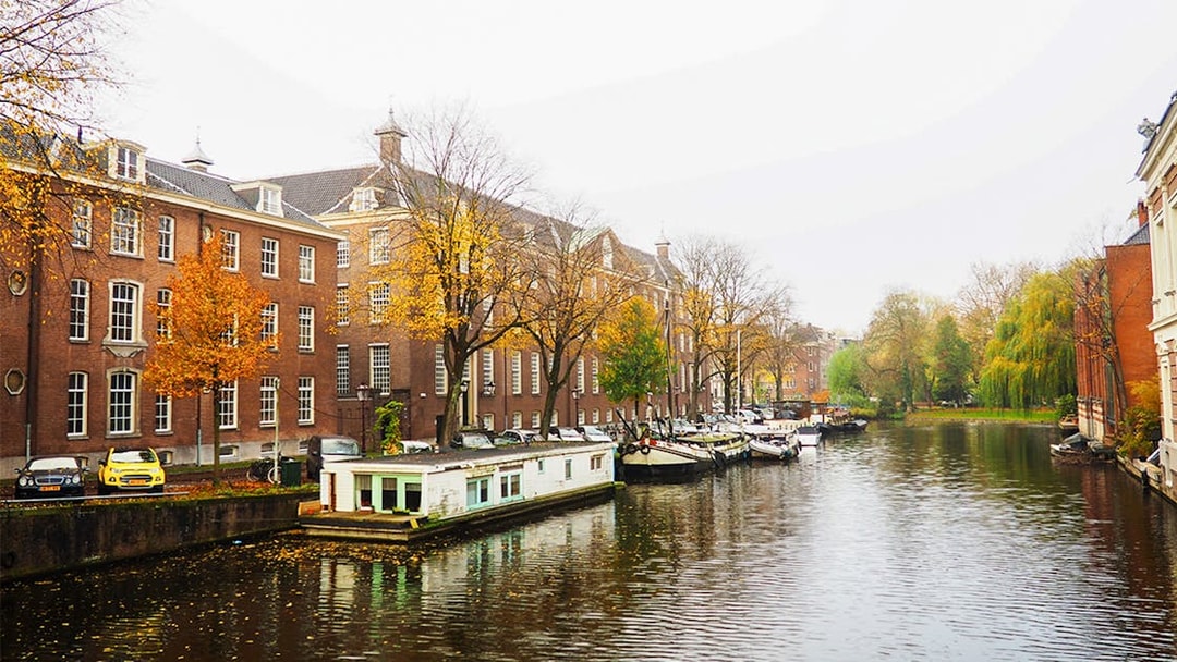 Amsterdam canal with houseboats and historic buildings on a SmallGroup Hidden Gems Tour.
