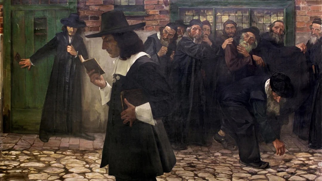 Philosopher walking past a group of men in historical attire on a cobblestone street, SmallGroup Hidden Gems Tour Spinoza.