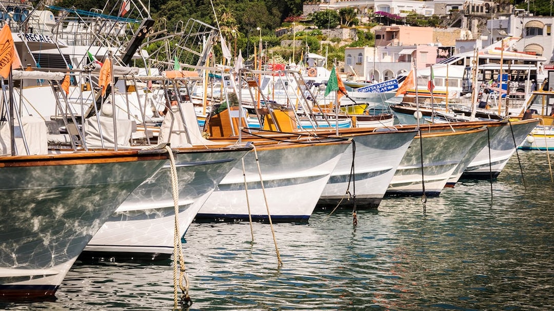 Boats docked at Capri harbor, Italy, for tours to Anacapri and Blue Grotto from Sorrento.