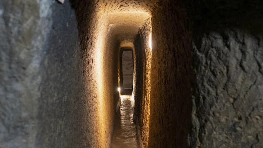 Naples Underground tunnel with illuminated stone walls.