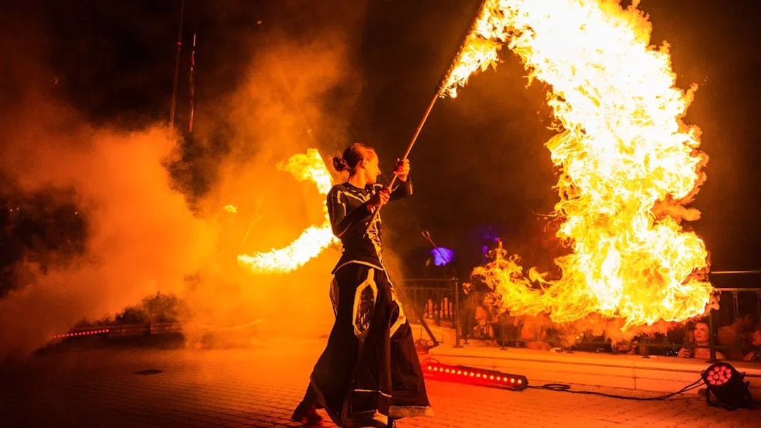 Fire performer at Sparty bath party in Budapest.