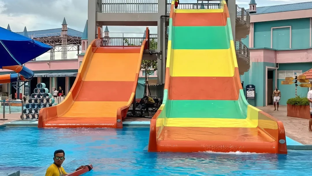 Colorful water slides at Splash Out Langkawi Water Theme Park, Malaysia.