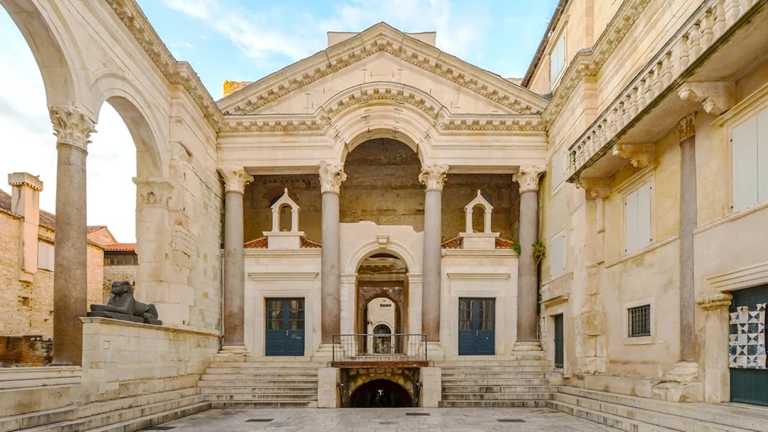 Diocletian's Palace courtyard with ancient columns in Split, Croatia.