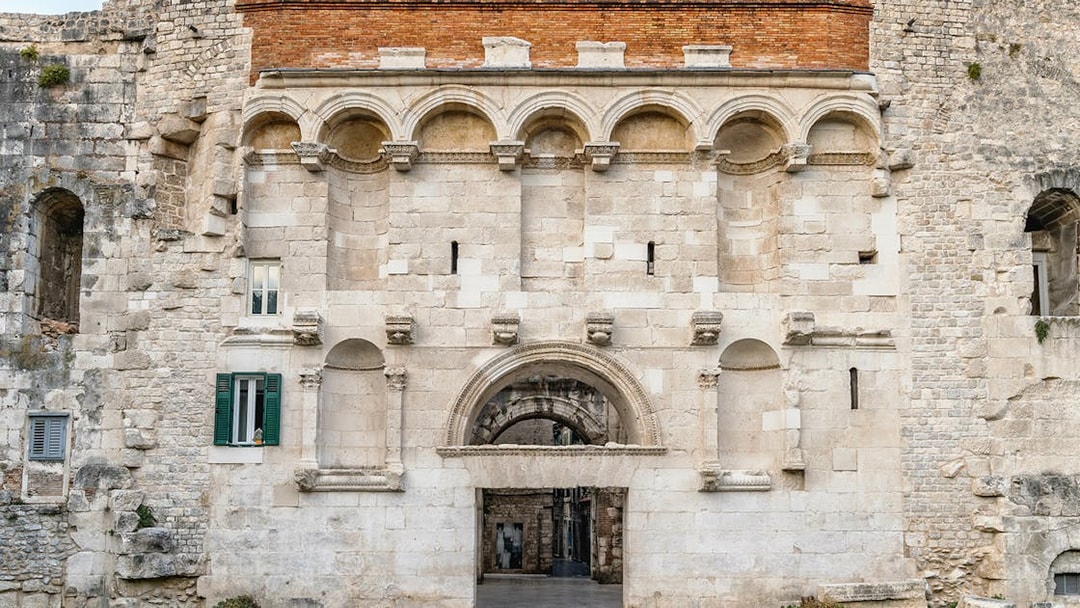 Diocletian's Palace entrance in Split, Croatia, showcasing ancient Roman architecture.