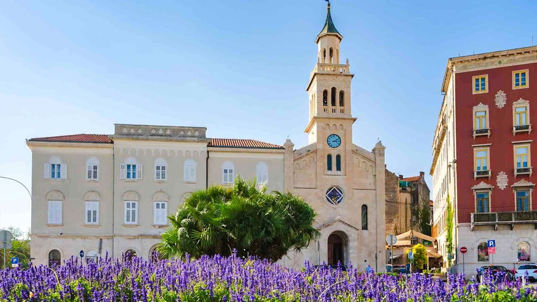 Historic church and colorful buildings in Split, Croatia, viewed from a garden on a panoramic bus tour.