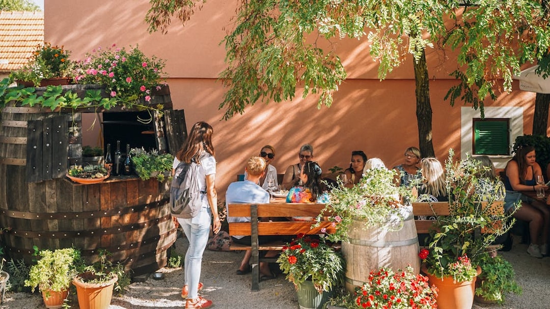 Group enjoying wine tasting at a rustic outdoor setting near Krka Waterfalls, Split.