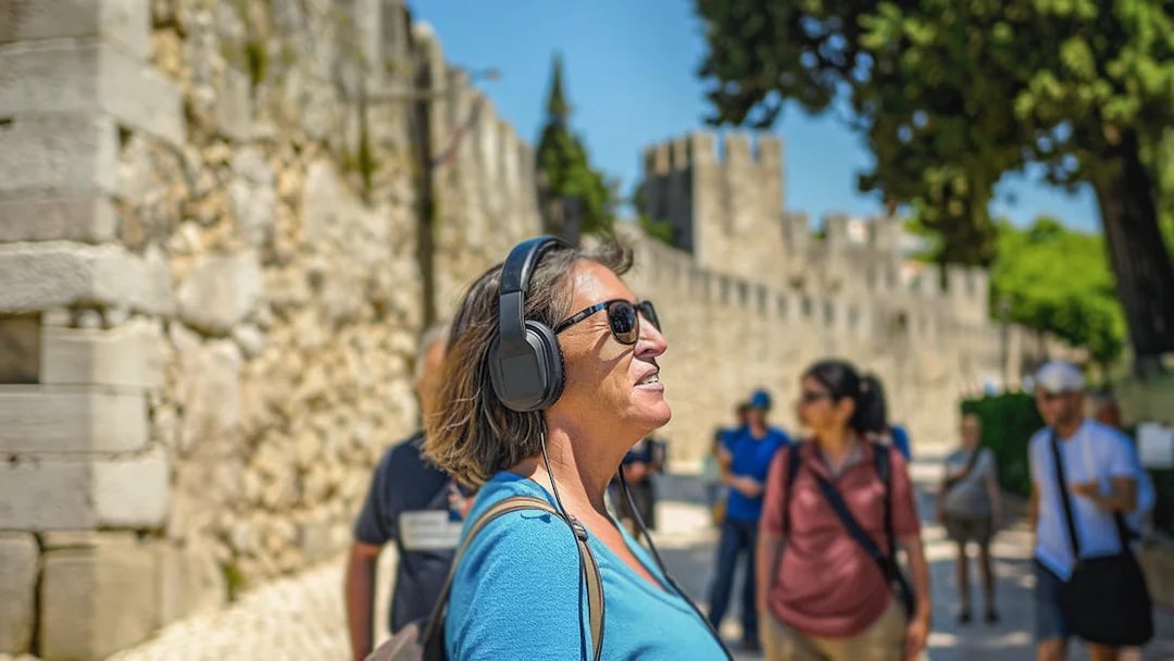 Visitor enjoying audio tour at St. George Castle, Lisbon.